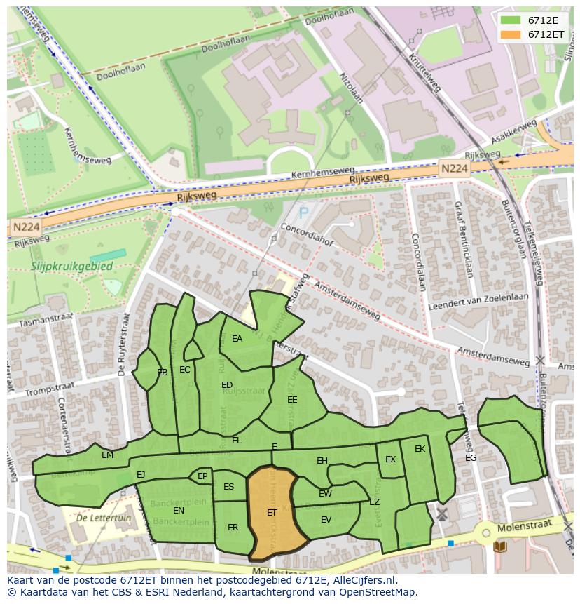 Afbeelding van het postcodegebied 6712 ET op de kaart.