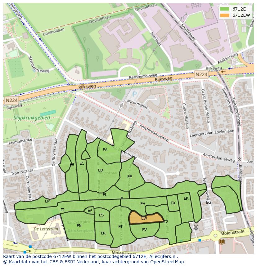 Afbeelding van het postcodegebied 6712 EW op de kaart.