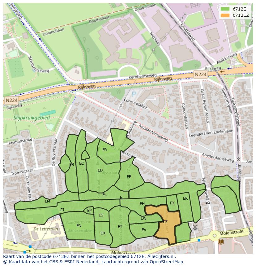 Afbeelding van het postcodegebied 6712 EZ op de kaart.