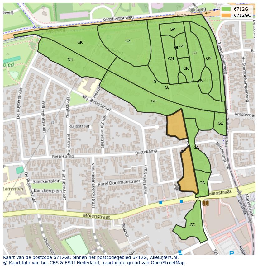 Afbeelding van het postcodegebied 6712 GC op de kaart.