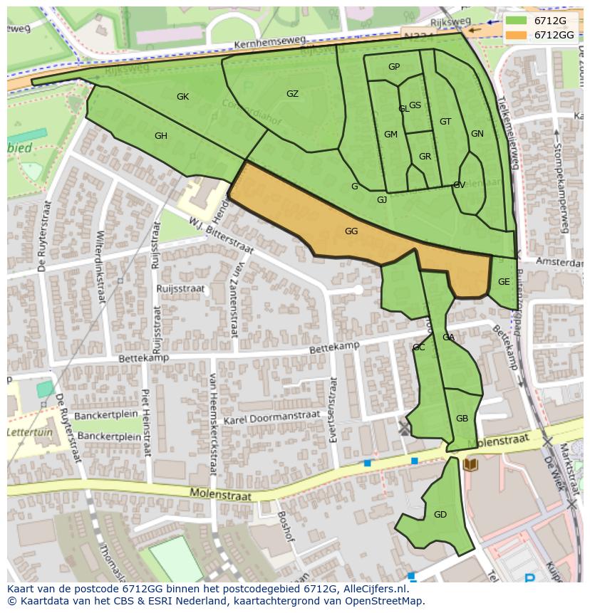 Afbeelding van het postcodegebied 6712 GG op de kaart.