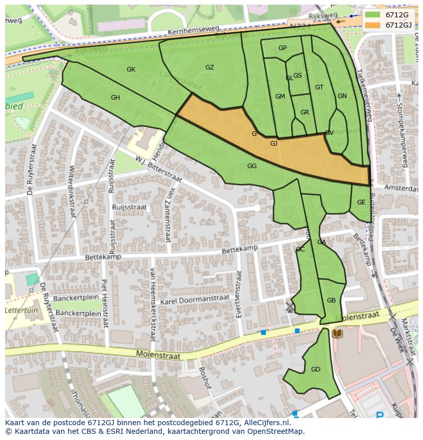 Afbeelding van het postcodegebied 6712 GJ op de kaart.