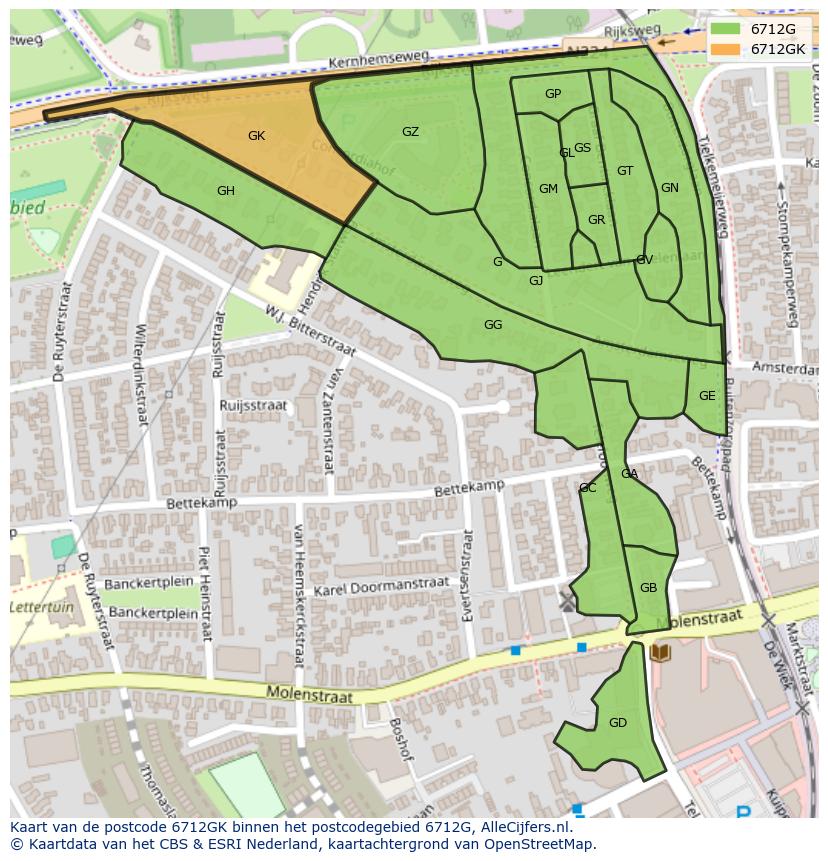 Afbeelding van het postcodegebied 6712 GK op de kaart.