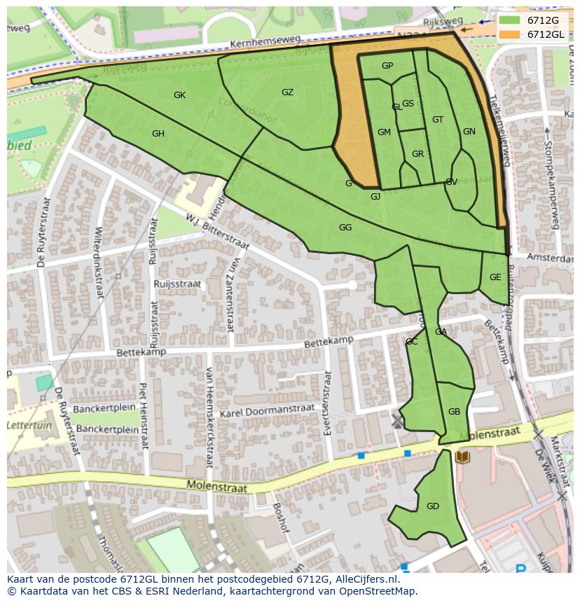 Afbeelding van het postcodegebied 6712 GL op de kaart.