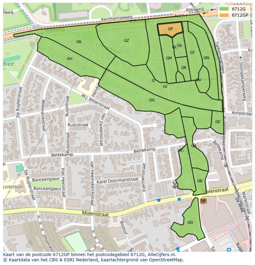 Afbeelding van het postcodegebied 6712 GP op de kaart.