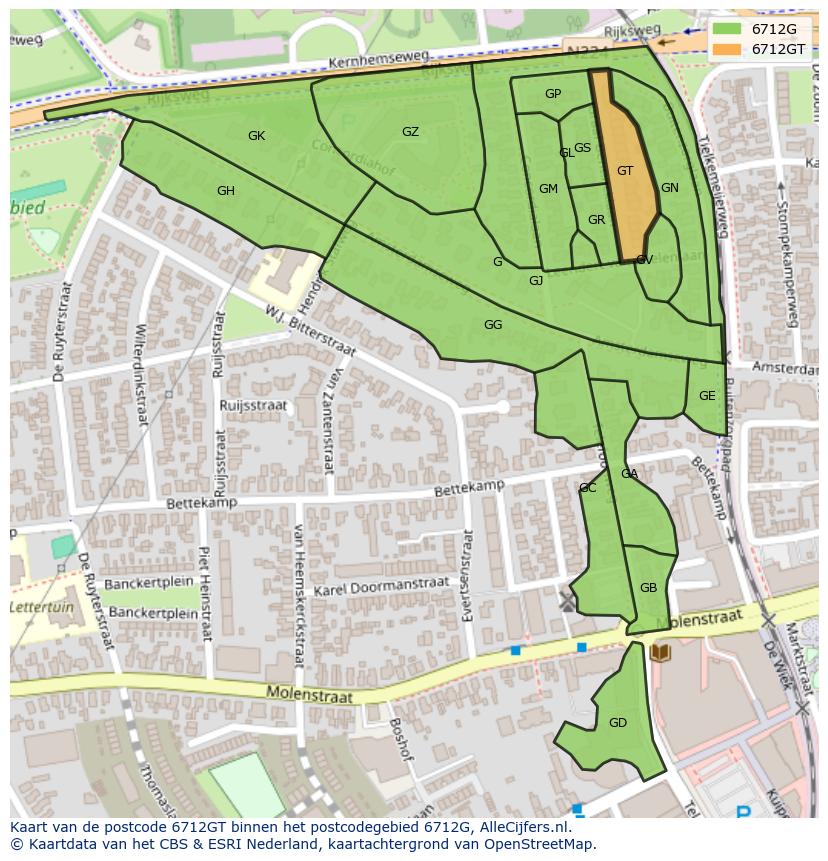 Afbeelding van het postcodegebied 6712 GT op de kaart.