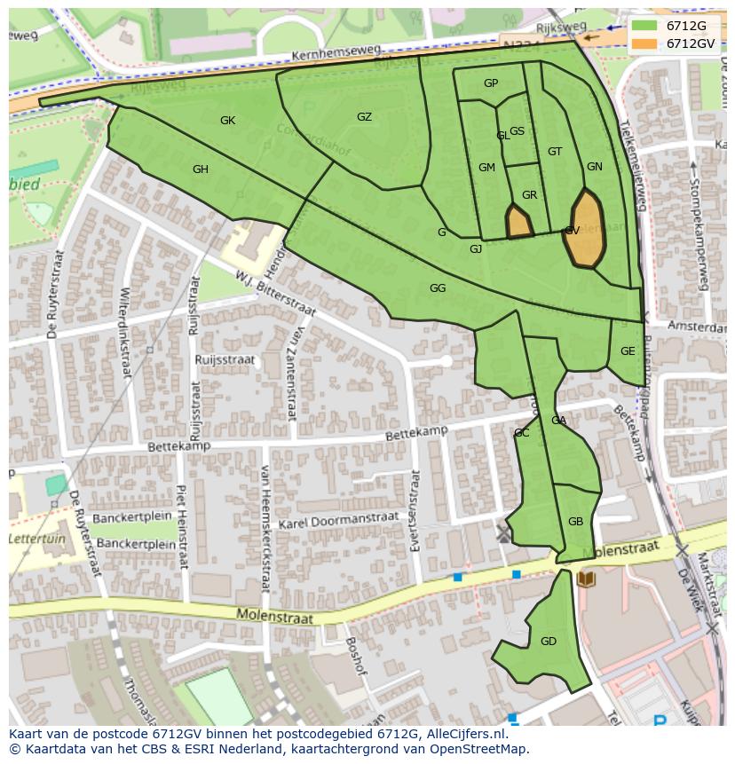 Afbeelding van het postcodegebied 6712 GV op de kaart.