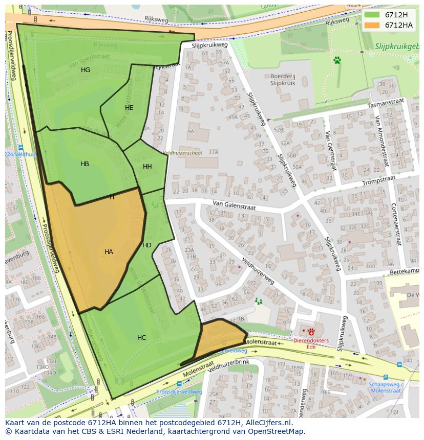 Afbeelding van het postcodegebied 6712 HA op de kaart.