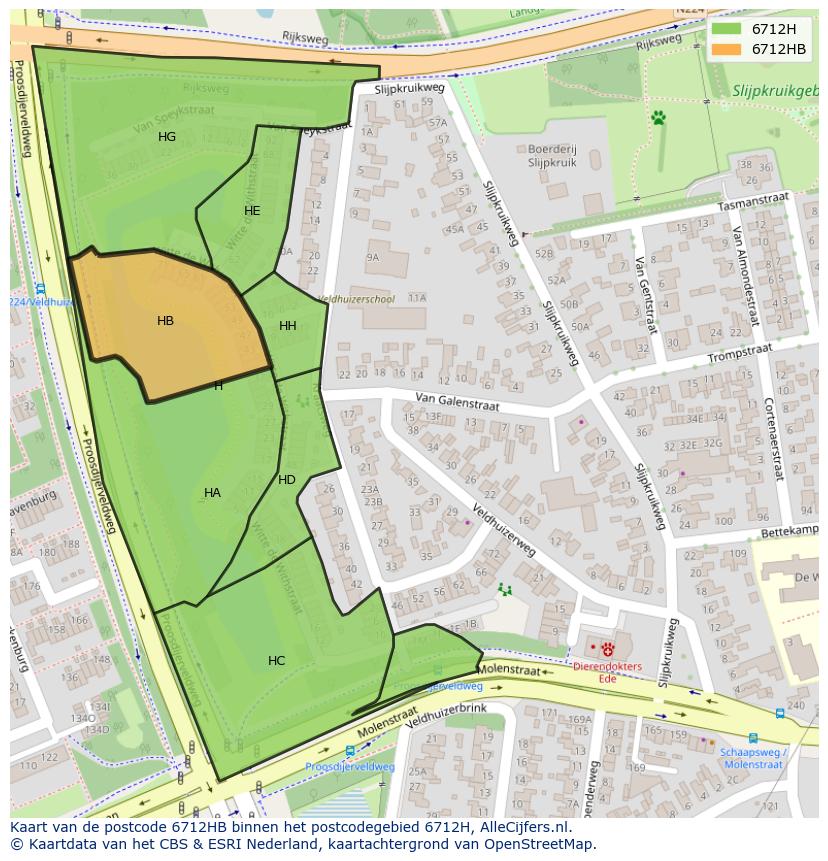 Afbeelding van het postcodegebied 6712 HB op de kaart.