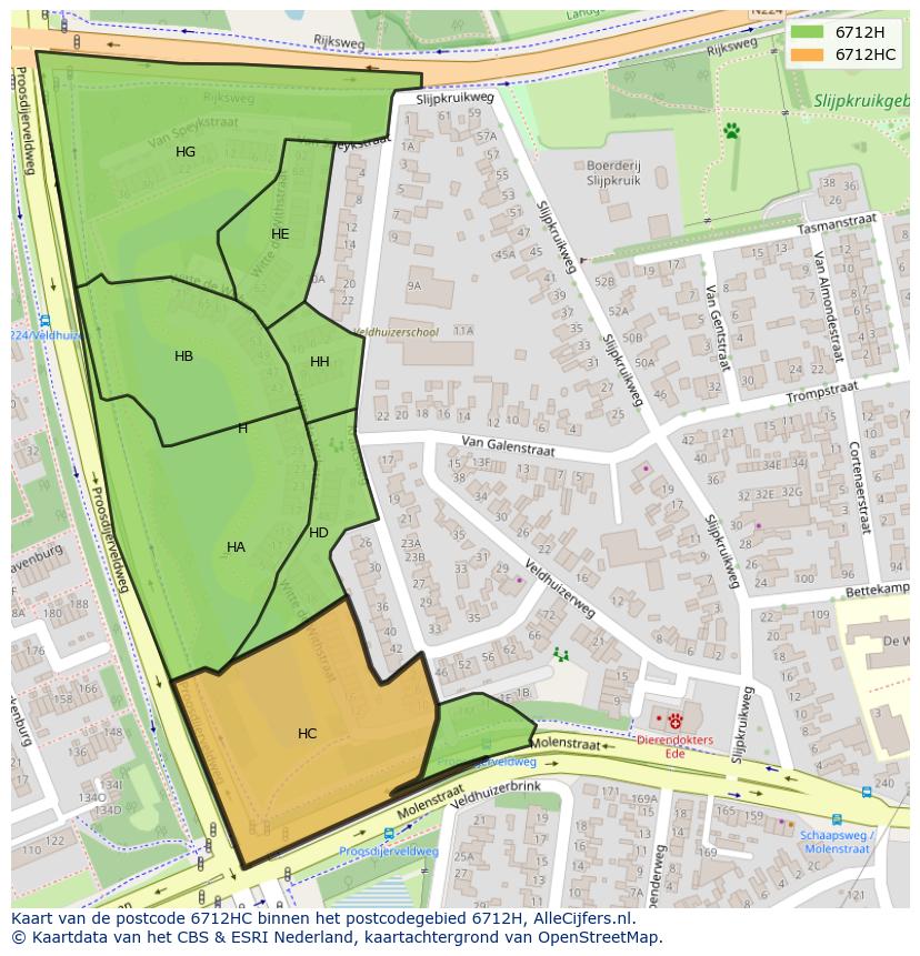 Afbeelding van het postcodegebied 6712 HC op de kaart.