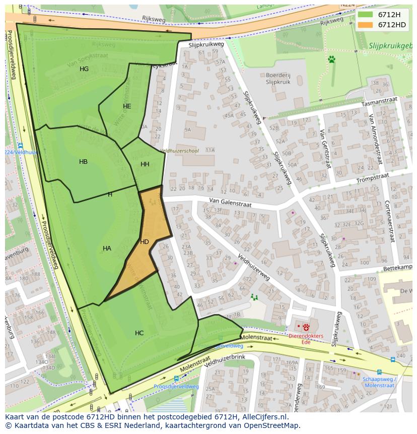 Afbeelding van het postcodegebied 6712 HD op de kaart.