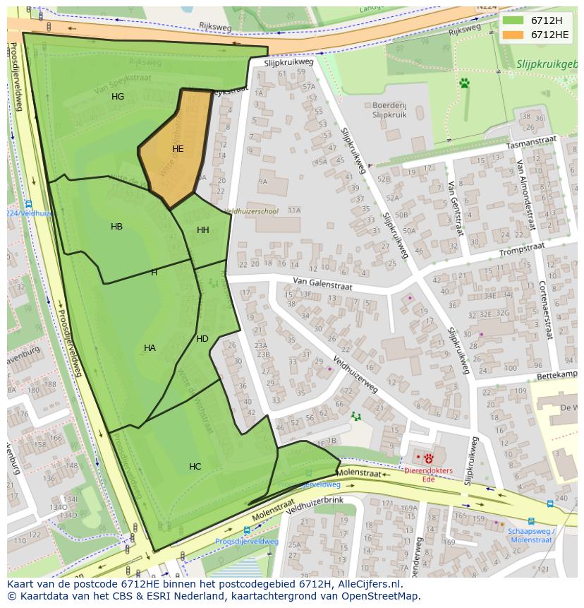 Afbeelding van het postcodegebied 6712 HE op de kaart.