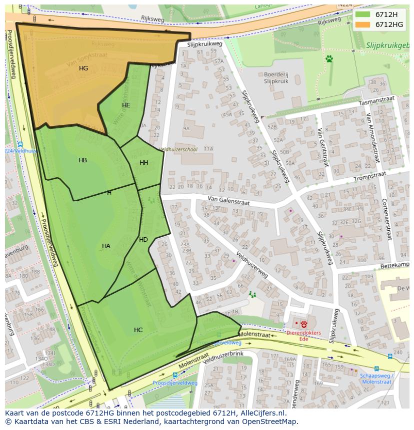 Afbeelding van het postcodegebied 6712 HG op de kaart.