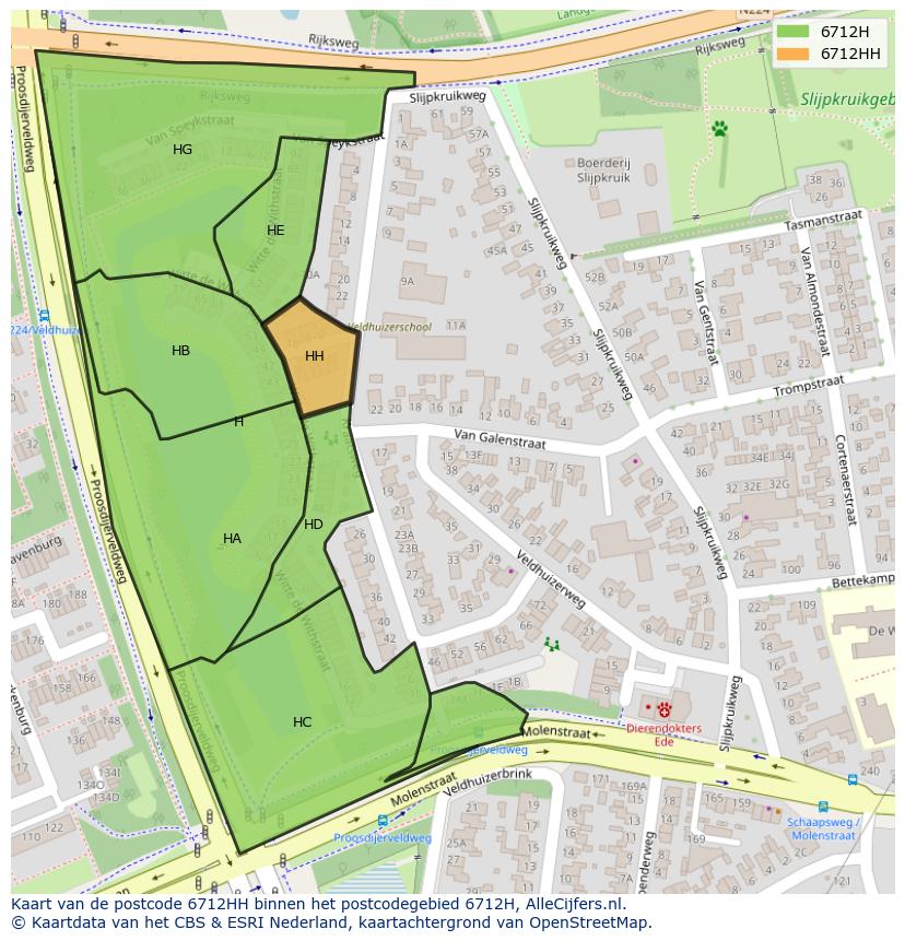 Afbeelding van het postcodegebied 6712 HH op de kaart.