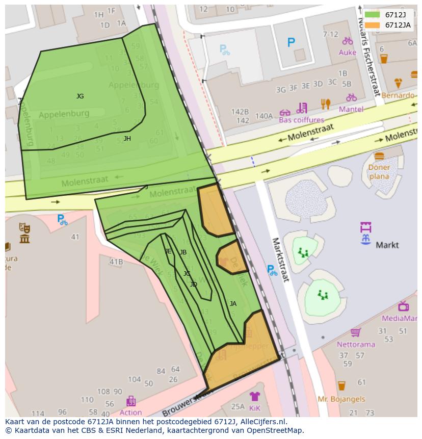 Afbeelding van het postcodegebied 6712 JA op de kaart.