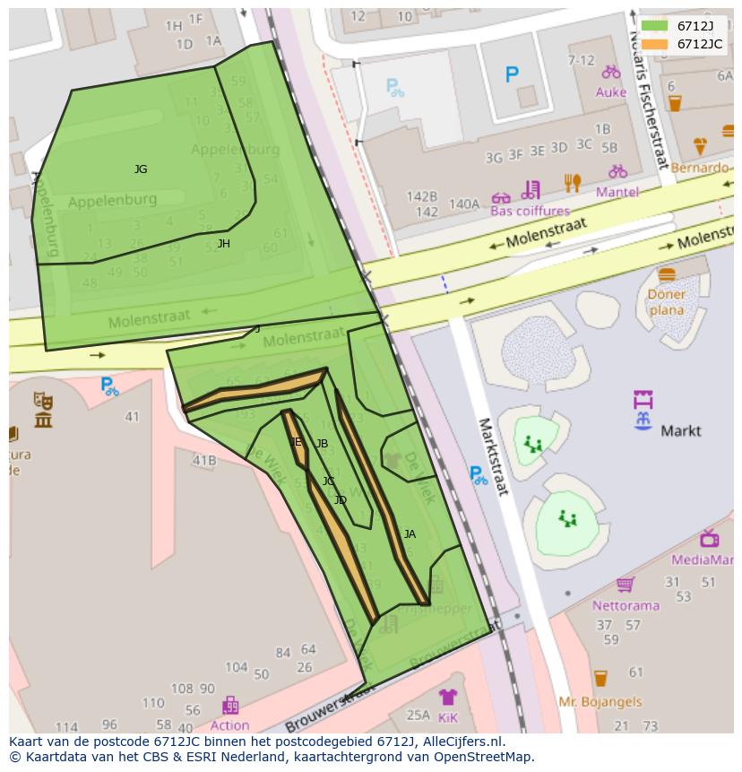 Afbeelding van het postcodegebied 6712 JC op de kaart.