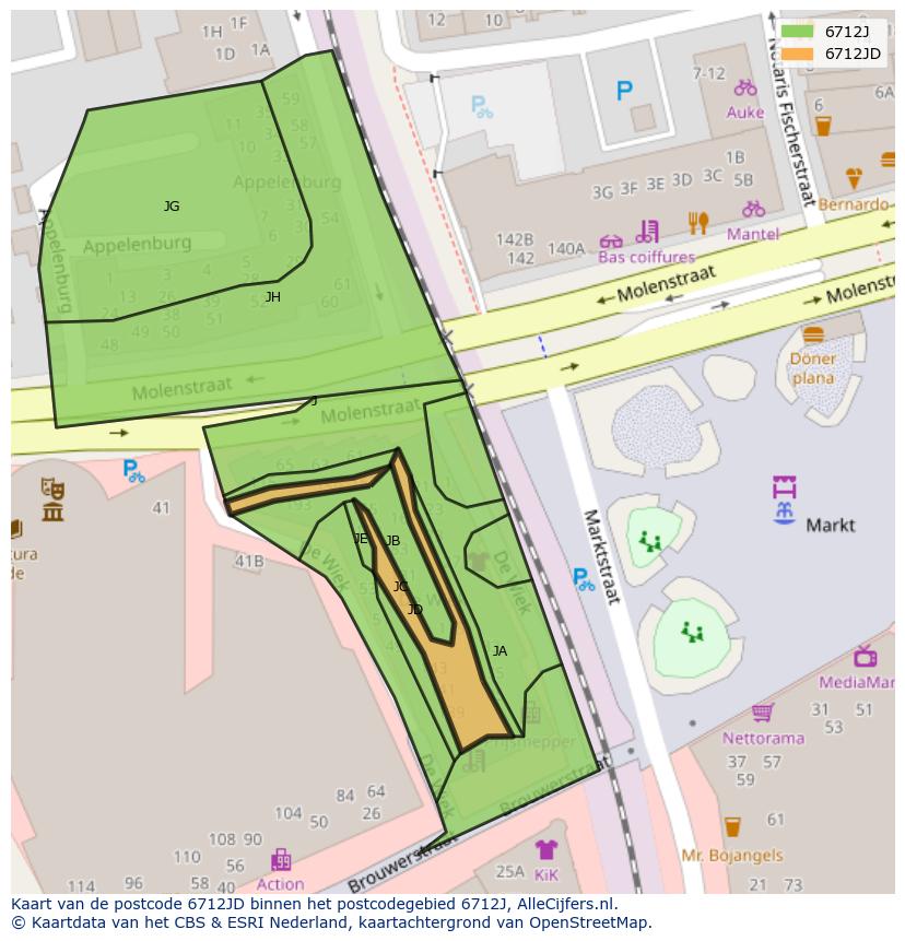 Afbeelding van het postcodegebied 6712 JD op de kaart.