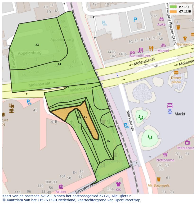 Afbeelding van het postcodegebied 6712 JE op de kaart.