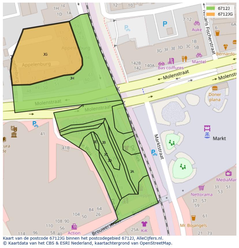 Afbeelding van het postcodegebied 6712 JG op de kaart.