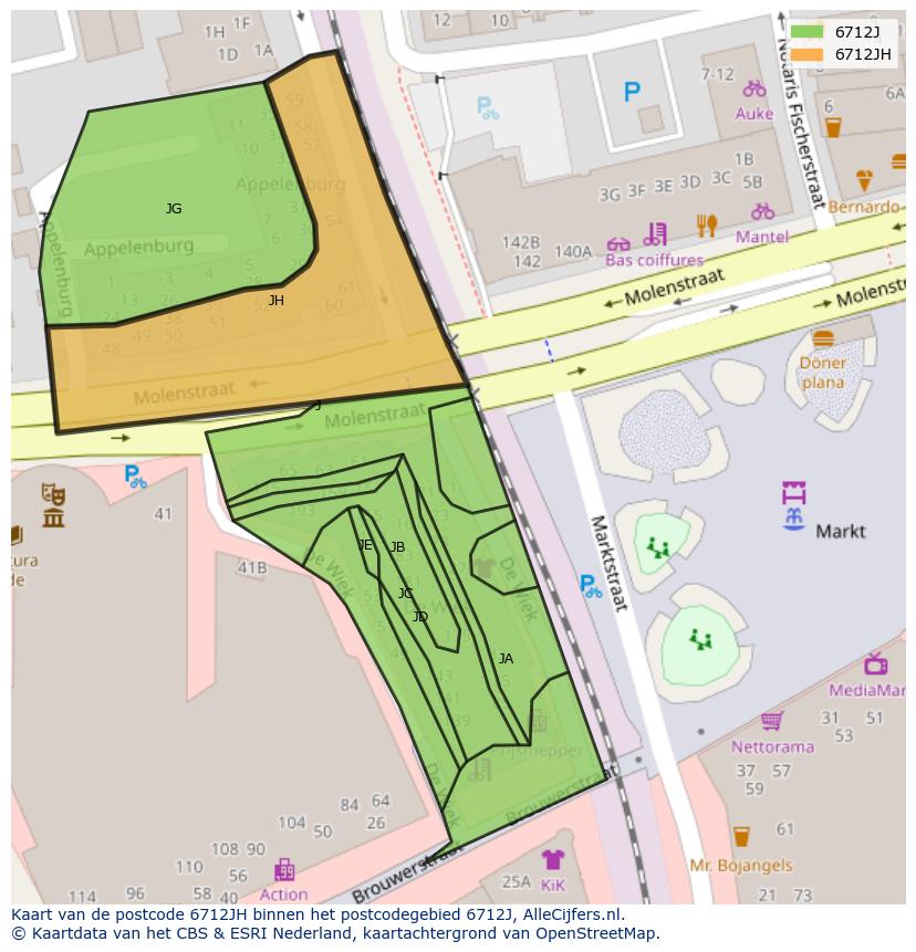 Afbeelding van het postcodegebied 6712 JH op de kaart.