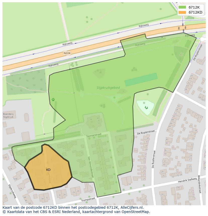 Afbeelding van het postcodegebied 6712 KD op de kaart.