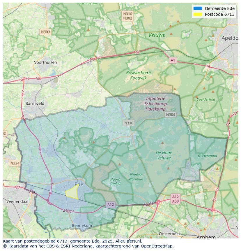 Afbeelding van het postcodegebied 6713 op de kaart.
