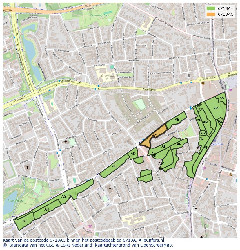Afbeelding van het postcodegebied 6713 AC op de kaart.