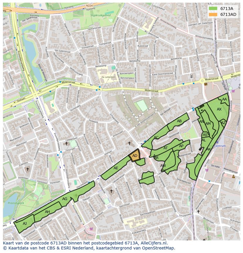 Afbeelding van het postcodegebied 6713 AD op de kaart.