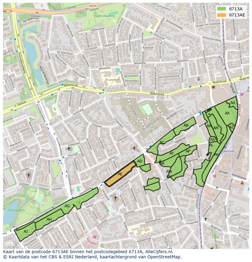 Afbeelding van het postcodegebied 6713 AE op de kaart.