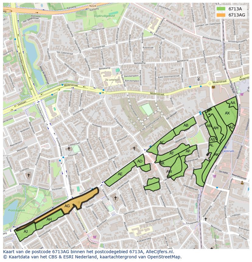 Afbeelding van het postcodegebied 6713 AG op de kaart.