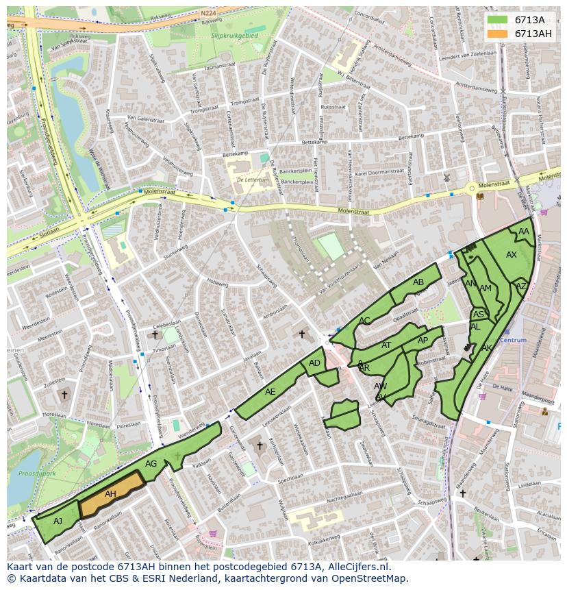 Afbeelding van het postcodegebied 6713 AH op de kaart.