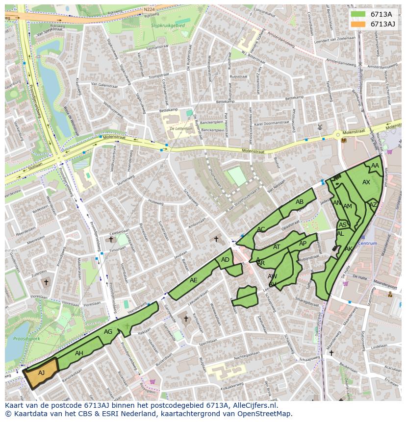 Afbeelding van het postcodegebied 6713 AJ op de kaart.