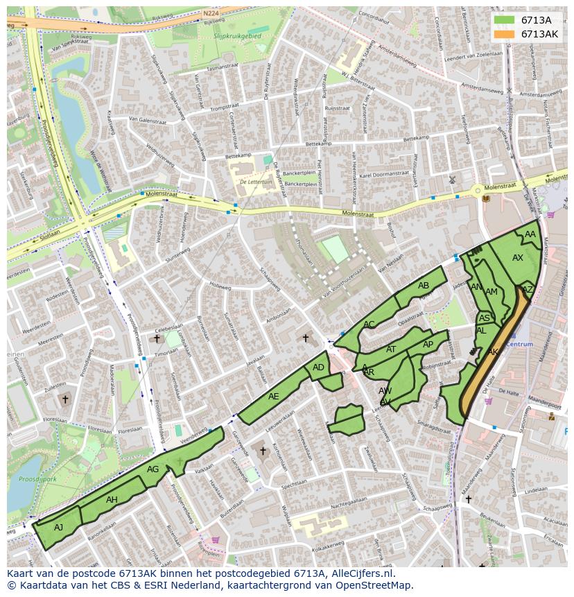 Afbeelding van het postcodegebied 6713 AK op de kaart.