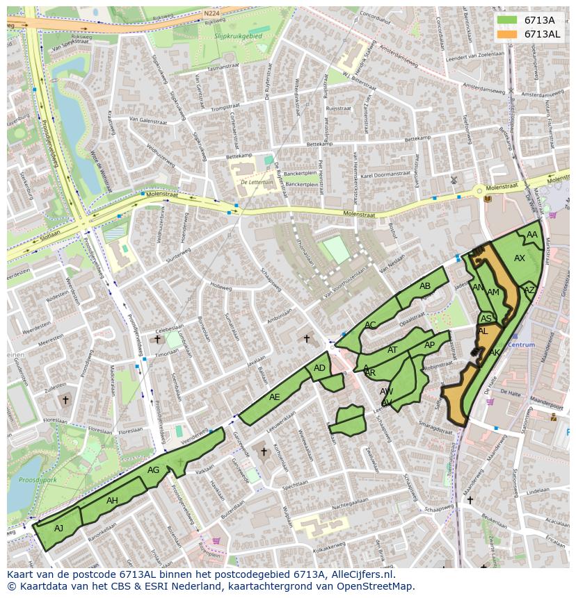 Afbeelding van het postcodegebied 6713 AL op de kaart.