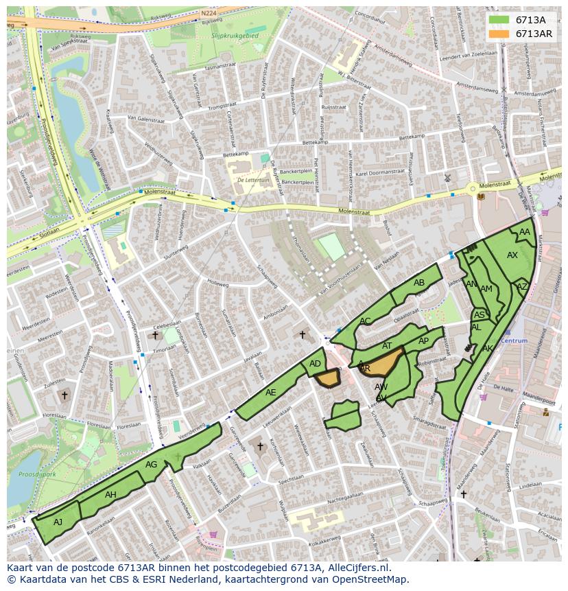 Afbeelding van het postcodegebied 6713 AR op de kaart.