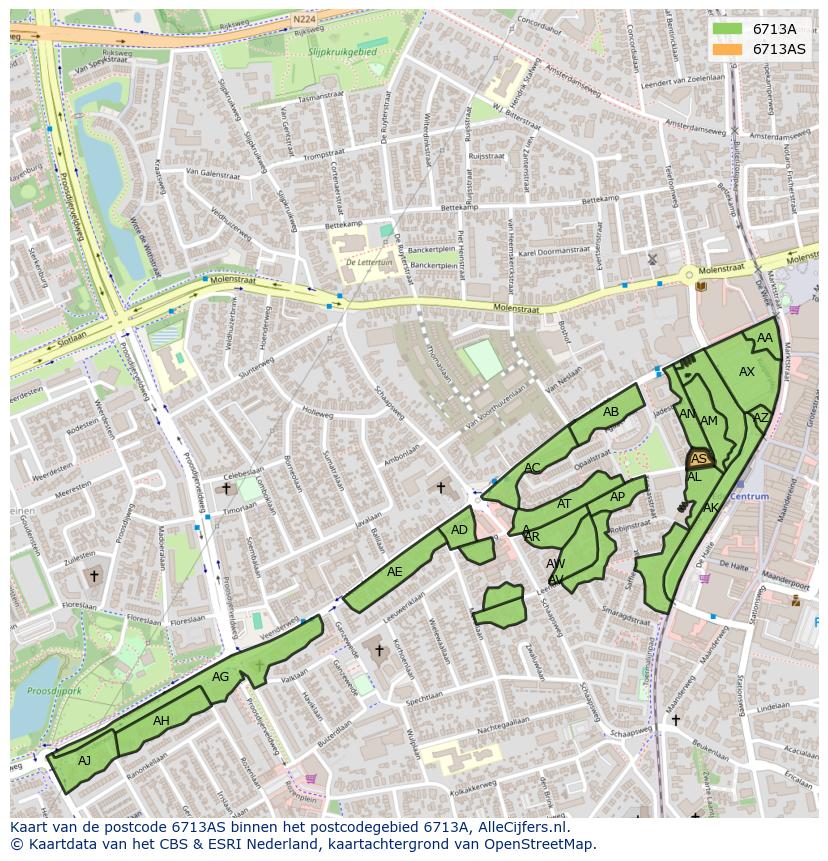 Afbeelding van het postcodegebied 6713 AS op de kaart.