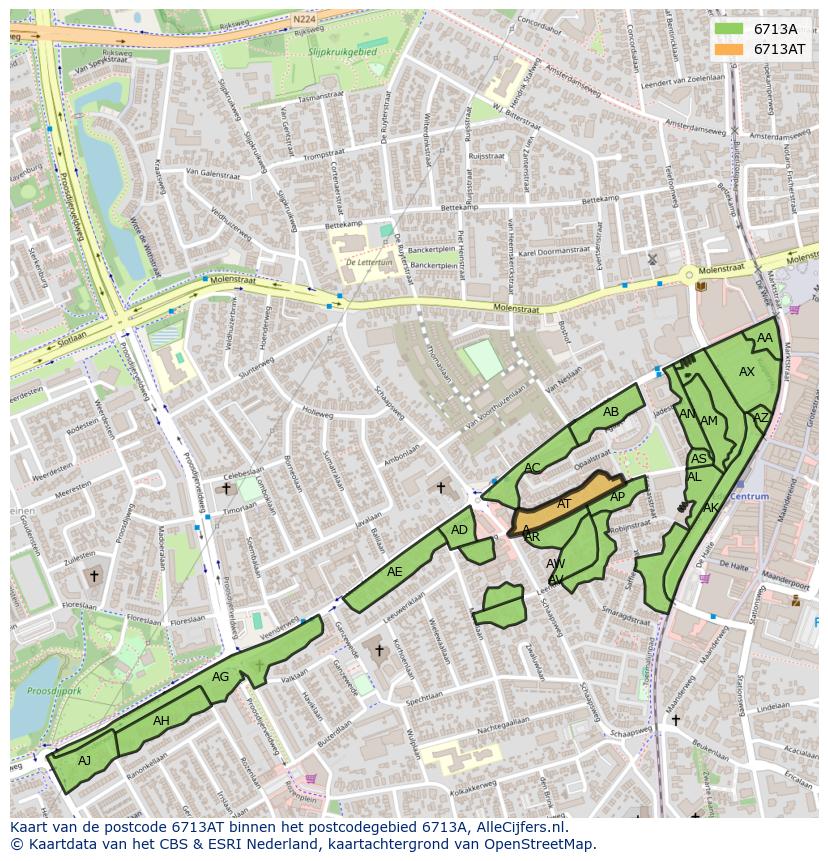 Afbeelding van het postcodegebied 6713 AT op de kaart.