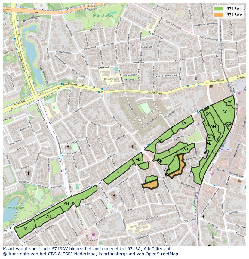 Afbeelding van het postcodegebied 6713 AV op de kaart.