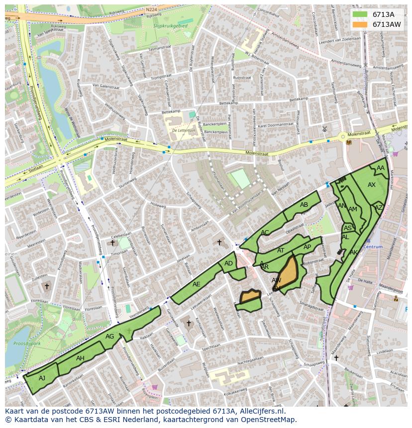 Afbeelding van het postcodegebied 6713 AW op de kaart.