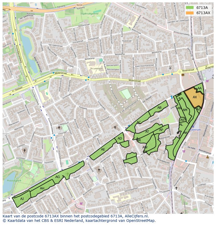 Afbeelding van het postcodegebied 6713 AX op de kaart.