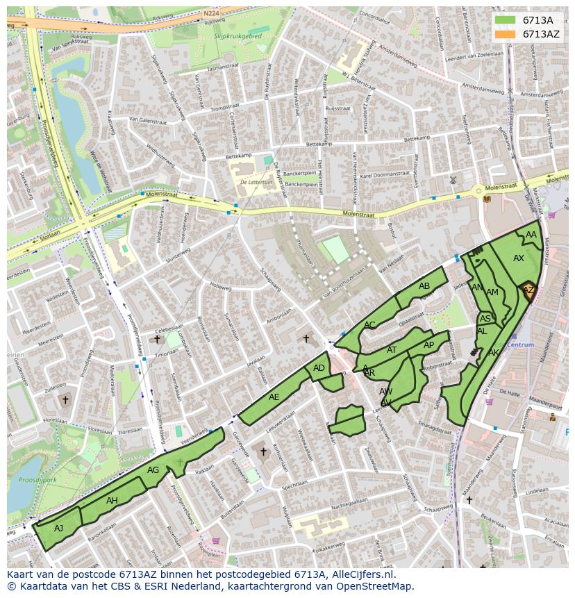 Afbeelding van het postcodegebied 6713 AZ op de kaart.