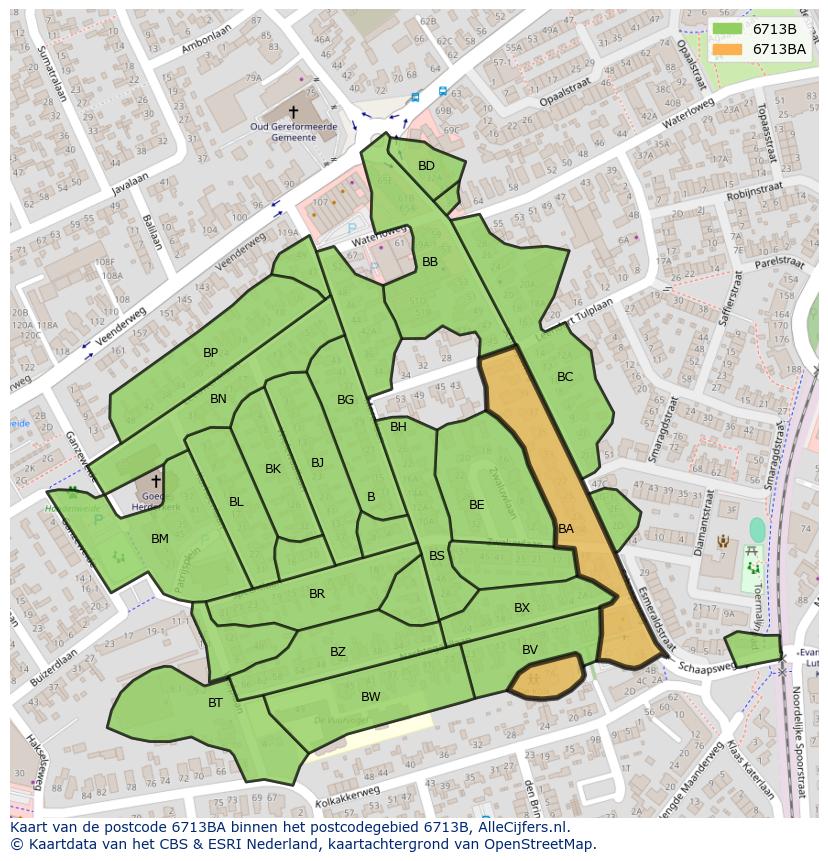 Afbeelding van het postcodegebied 6713 BA op de kaart.