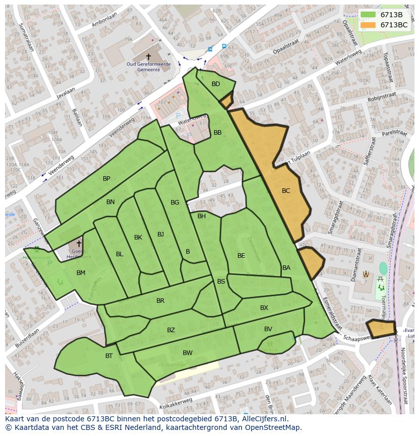 Afbeelding van het postcodegebied 6713 BC op de kaart.
