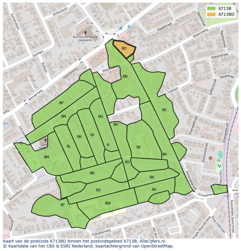 Afbeelding van het postcodegebied 6713 BD op de kaart.