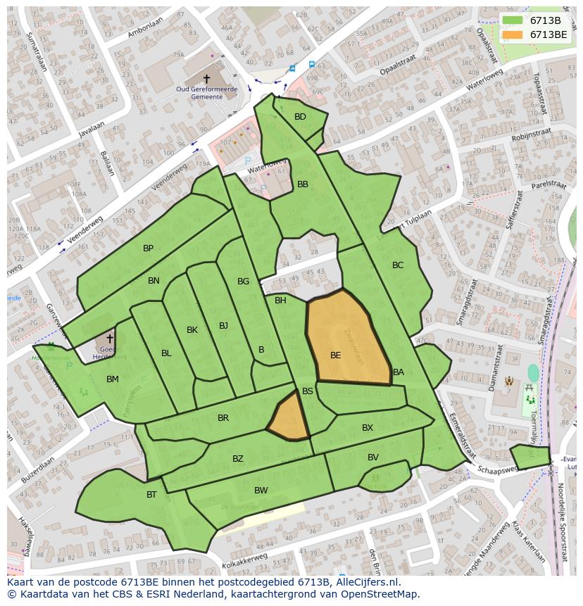 Afbeelding van het postcodegebied 6713 BE op de kaart.