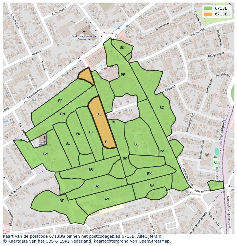 Afbeelding van het postcodegebied 6713 BG op de kaart.