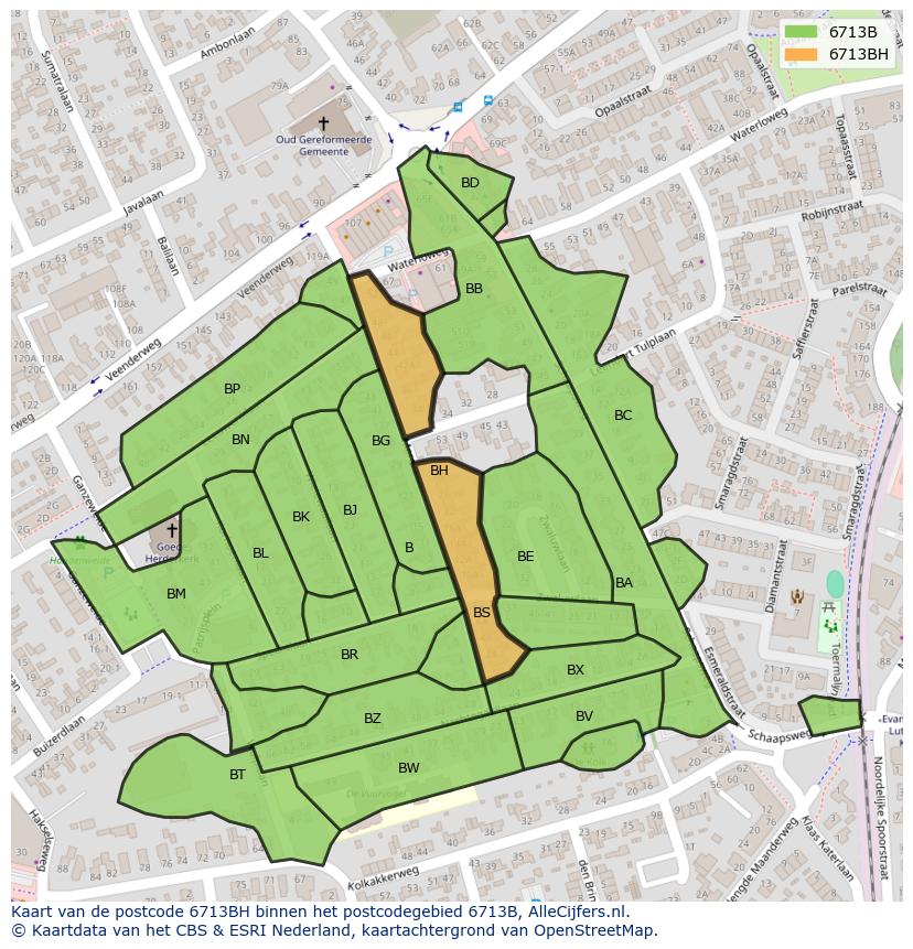 Afbeelding van het postcodegebied 6713 BH op de kaart.