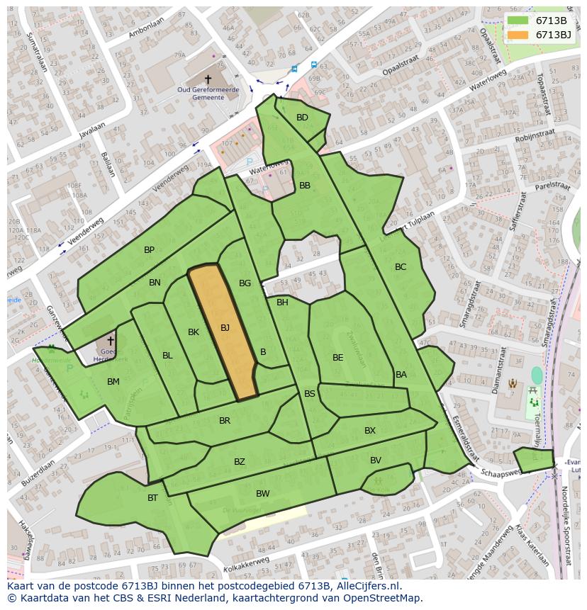 Afbeelding van het postcodegebied 6713 BJ op de kaart.