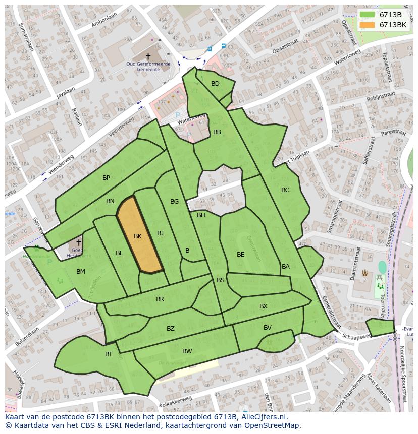 Afbeelding van het postcodegebied 6713 BK op de kaart.