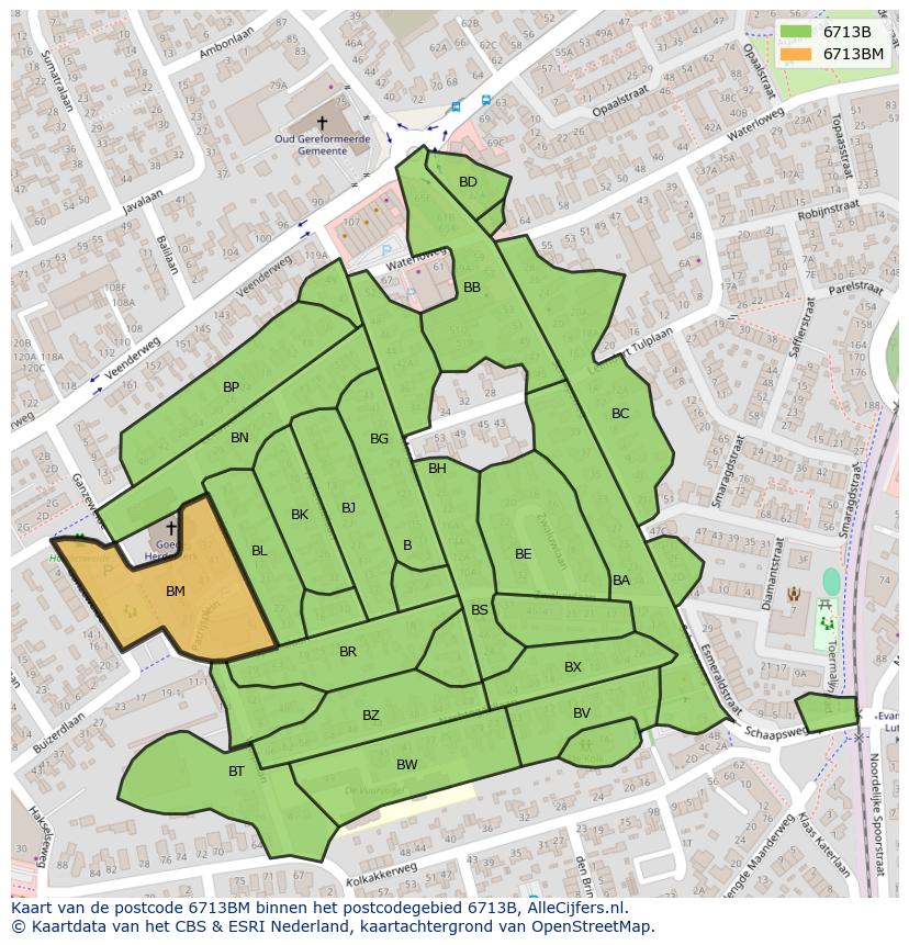 Afbeelding van het postcodegebied 6713 BM op de kaart.